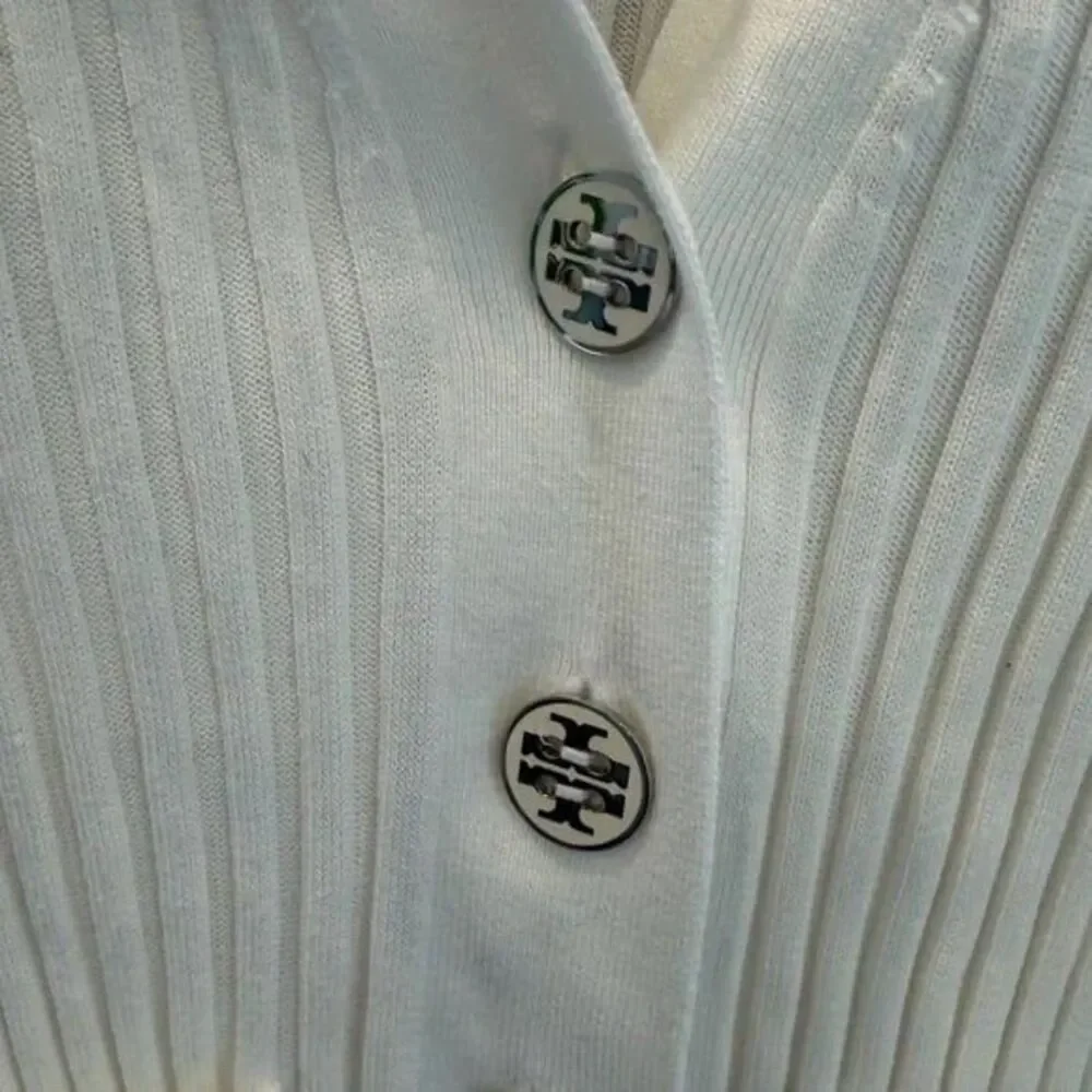 Tory Burch 100% cotton Cardigan white Ribbed silver logo Buttons Sz S